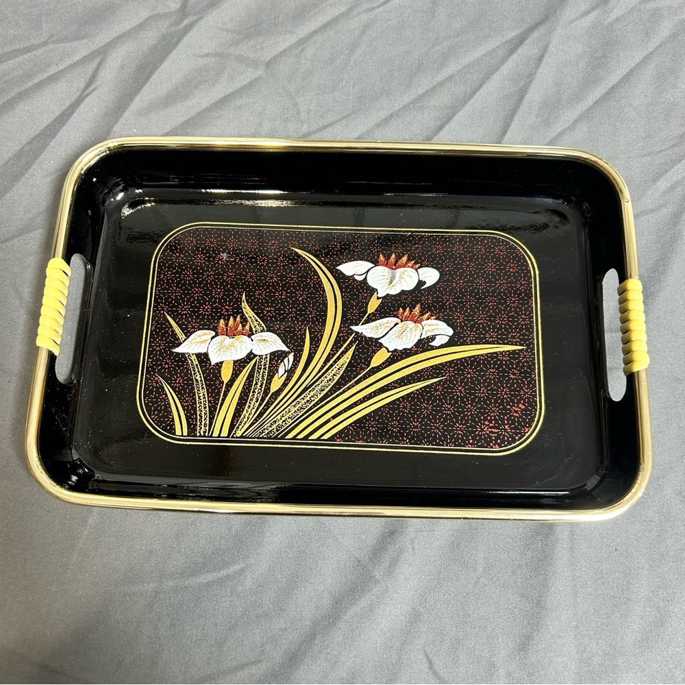 Vintage Japanese Black Lacquer Serving Tray Vanity Floral 11"x7" Mid Century Mod